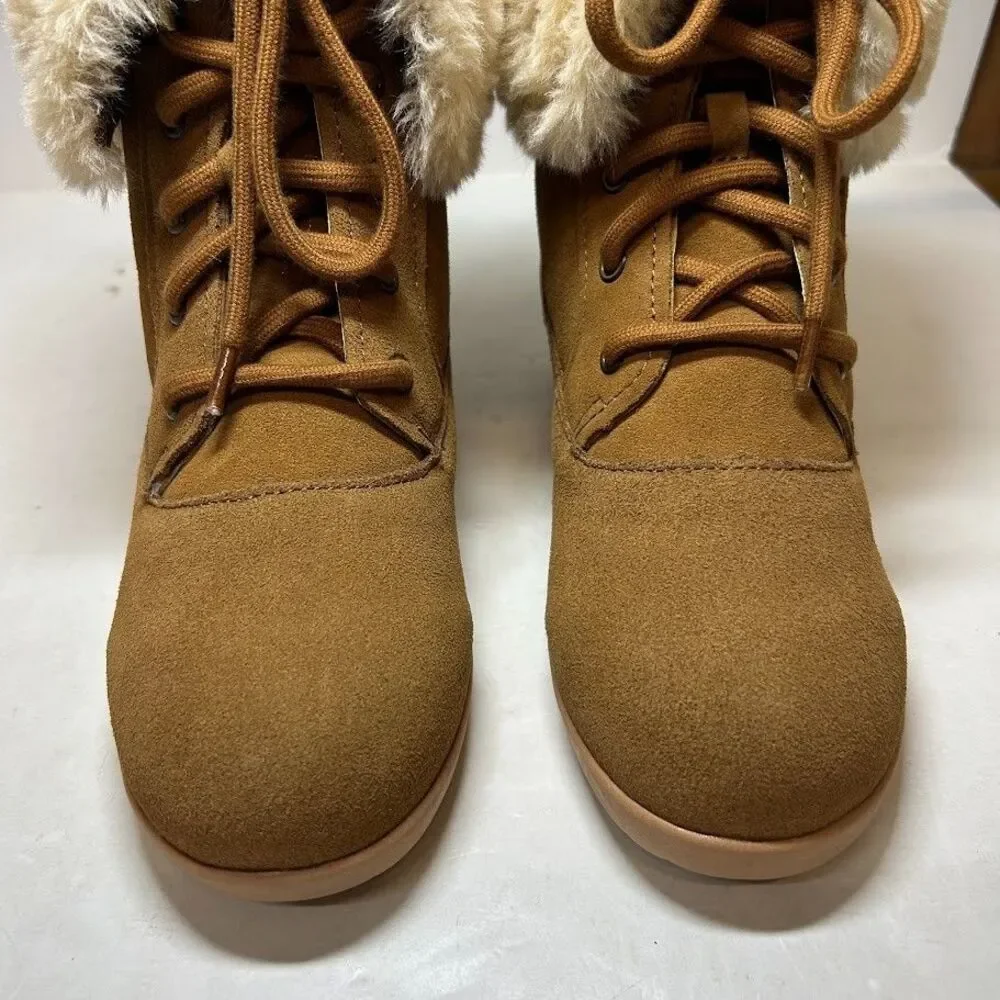Style & Co. Womens 7 M Chestnut Aubreyy Suede Faux Fur Lace Up Boots NIB QV0
